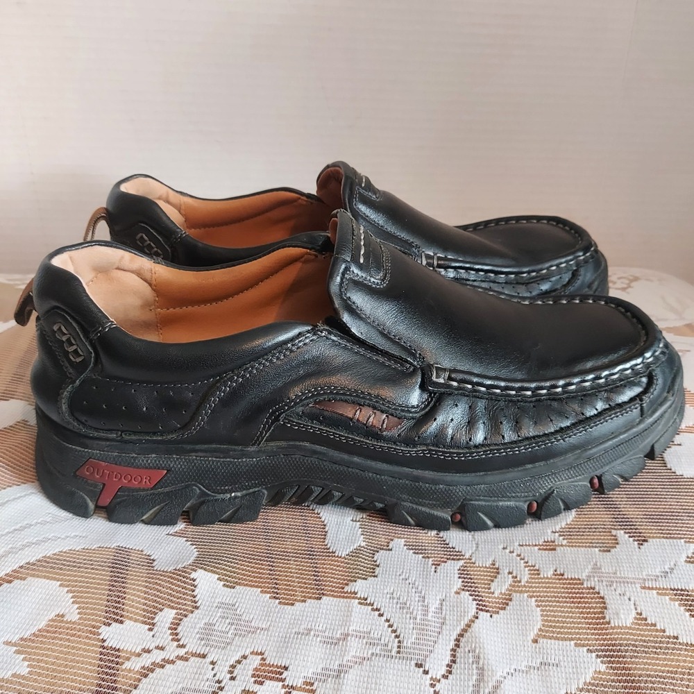 Venshine Men Black Leather Slip On Loafers Outdoor Lug Sole Shoes 3237-43 US 9.5